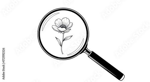 Detailed botanical exploration flower through magnifying glass precision illustration minimalist