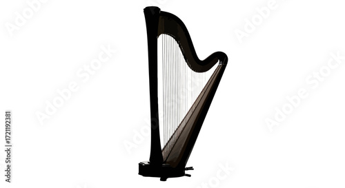 Detailed view of elegant orchestral harp showcases craftsmanship and musical artistry