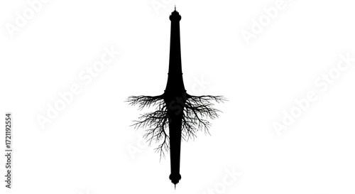 Eiffel Tower roots intertwining, architectural silhouette meets natural branching silhouette,