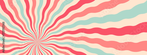 Swirl groovy starburst retro background. Wavy, radiating rays vector illustration in a vintage color palette of red, teal, and cream