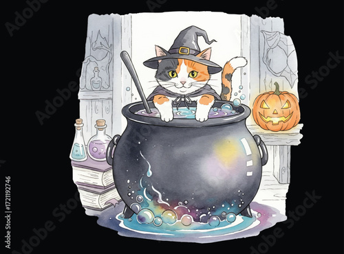 A witch calico cat cooking some potion in a cauldron