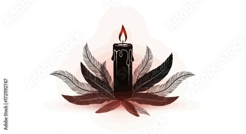 Elegiac composition of black candle surrounded by intricate feathers evoking remembrance and