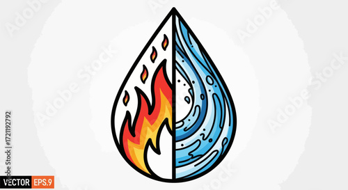 Elemental duality vector illustration showcasing fire and water in a stylized teardrop shape