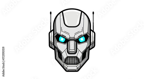 Futuristic robotic head with glowing blue eyes, chrome finish and antenna design element conveys