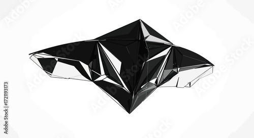 Geometric abstraction featuring a three-dimensional shape with black and white facets