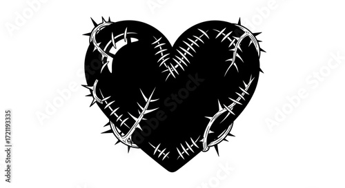 Heart in stitches adorned with thorns and bandages, a graphic illustration of pain and healing