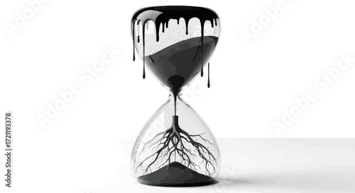 Hourglass with dripping liquid and roots symbolizing time, decay, and life's cycle