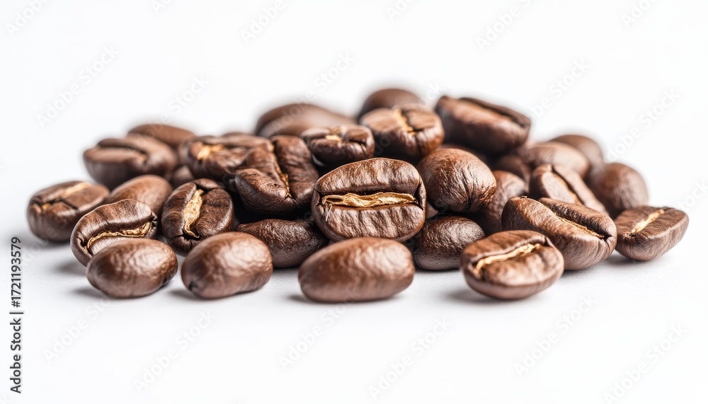 Fototapeta premium Close Up of Dark Coffee Seeds Stacked on Minimalist Brown Surface with High Studio Lighting