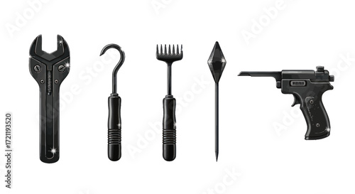 Illustrative dark tools of unknown use arranged in a line on a white background