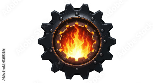 Industrial inferno: A gear-framed fire, representing power, mechanics and intense energy