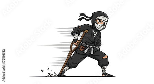 Injured ninja cartoon character navigating obstacles with a crutch with speed line effect showing