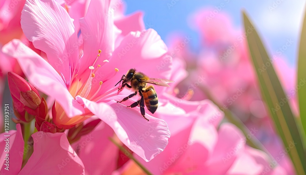 Naklejka premium Bee on Pink Flower Close Up
