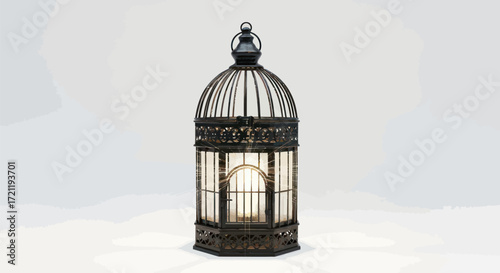 Intricate wrought iron birdcage lantern showcasing a soft glow with ornamental design details