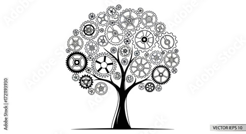 Mechanical tree innovation concept displaying interconnected gears and cogs for progress