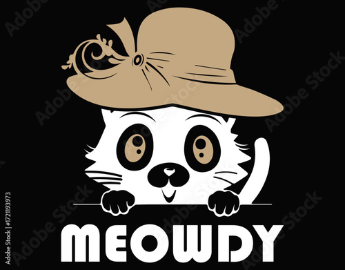 Meowdy Funny Mashup Between Meow and Howdy - printable editable vector art file.