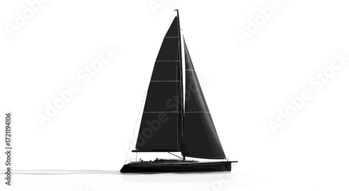 Minimalist representation of a sleek black sailboat on a white backdrop presenting yachting