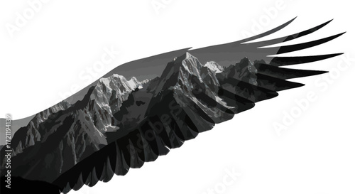 Monochromatic mountain range layered within a stylized avian wing illustration
