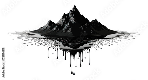 Monochrome mountains cascading into a dark, dripping abyss landscape illustration