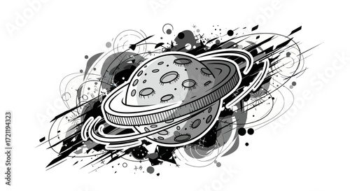 Monochrome planet with rings and orbital elements surrounded by cosmic dust and stardust