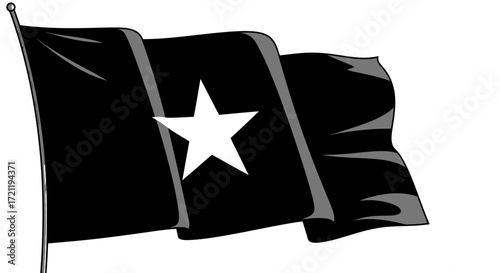 Monochrome windblown banner with a solitary star embodying boldness and distinct identity