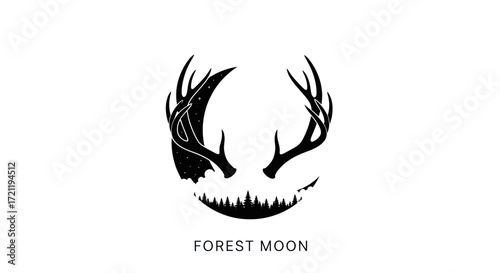Mystical Forest Moon Silhouette Combining Antlers, Stars and Trees for Fantasy Designs