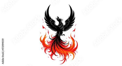 Mystical phoenix illustration with fiery plumage on a stark white backdrop showing freedom and