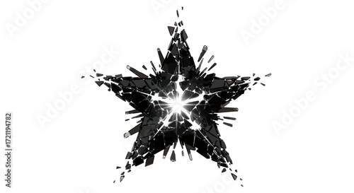 Shattered pentagonal star explosion with radiating fragments and central brightness created