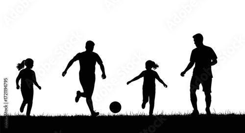 Silhouette family playing soccer on a grassy field in black and white design
