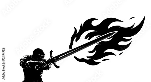 Silhouetted knight brandishing a flaming sword illustration showcasing power and might