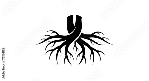 Striking black and white logo displaying intertwined trunks and root system of a tree