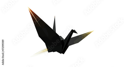 Stylized black origami crane soaring against a luminous white background evokes minimalist elegance