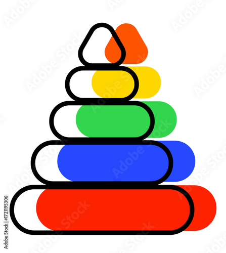 Children's pyramid with different-colored pieces. Flat-style educational construction set icon. An isolated colored puzzle is outlined above with black outline. Develops child's intelligence