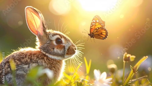 Brown Rabbit and Orange Butterfly in Sunny Meadow
