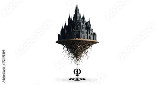 Surreal floating fortress emanating a sense of mystery and dark architectural fantasy