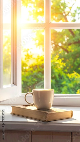 Sunny windowsill with coffee and book