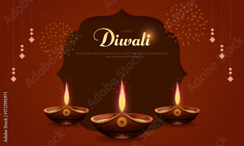 Happy Diwali Banner and Greeting Card. Indian Deepawali Festival of Lights Celebration Creative Background with Text and Diya Vector Illustration