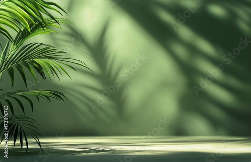 Shadows of Palm Leaves Create a Serene Atmosphere in a Light Green Room.