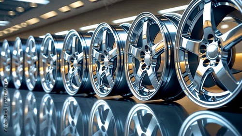 Shiny Chrome Car Wheels Aligned in Modern Auto Workshop with Reflective Floor Lighting