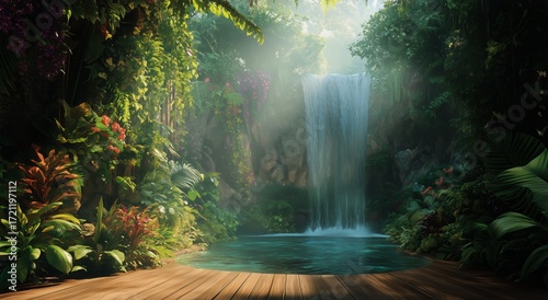 Enchanting Waterfall Surrounded by Lush Greenery in a Serene Jungle Setting