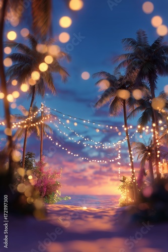 Relaxing Sunset View With String Lights and Palm Trees by the Beach.