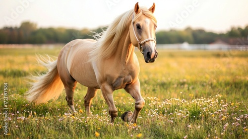 Schilderij op canvas Running palomino horse in a vibrant meadow during golden hour nature photography