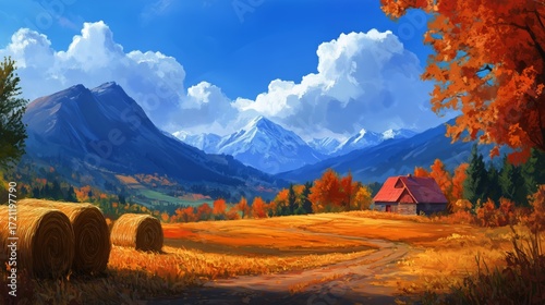 Beautiful Fall Landscape With Mountains, Clouds, and a Cozy Cabin in the Coun...