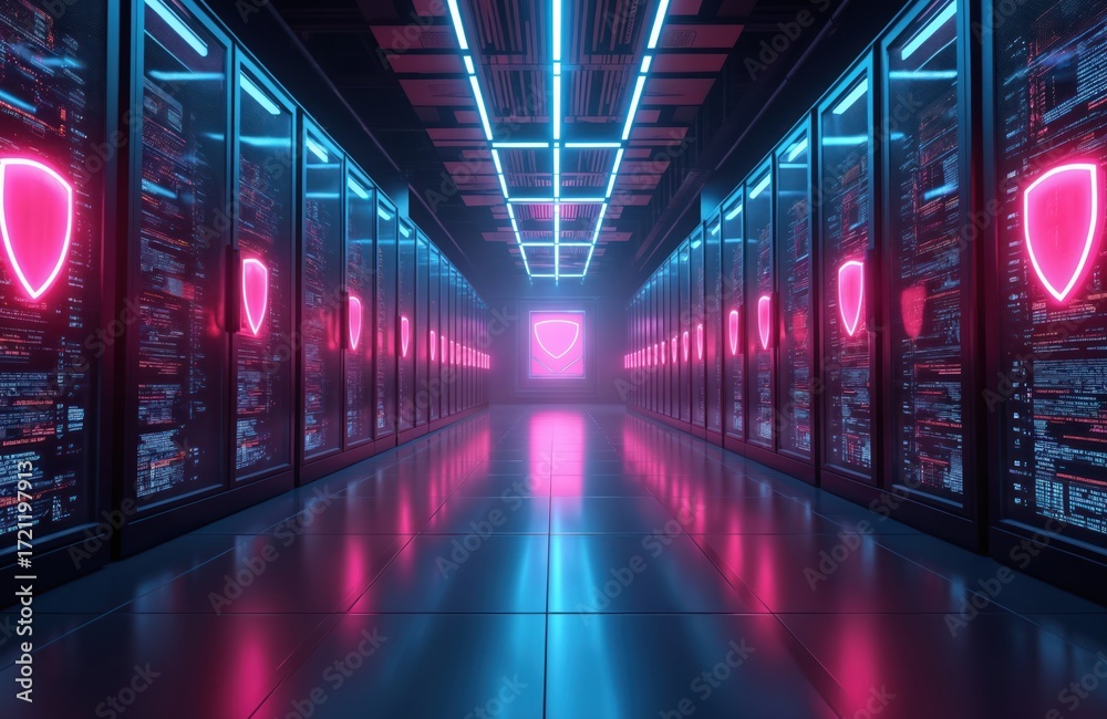 Fototapeta premium Futuristic server room with glowing neon shields on racks. Digital data streams flow on screens. High-tech control center monitoring network security, cyberattack interception strategies. Advanced