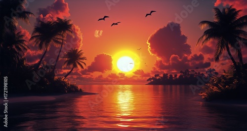 Beautiful Sunset Over the Ocean With Palm Trees and Birds Flying in the Sky