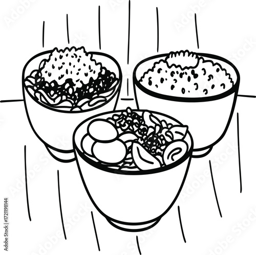 Vector illustration of various sweet and savory food items including drinks desserts and sandwiches