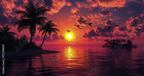 Beautiful Sunset Over the Ocean With Palm Trees and Birds Flying in the Sky.