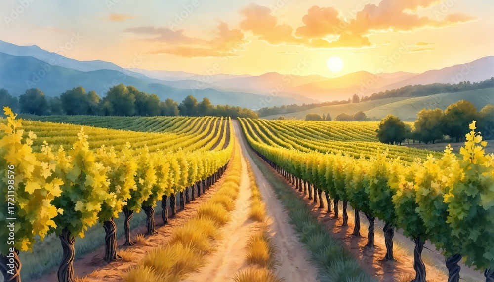 custom made wallpaper toronto digitalWatercolor painting of vineyard on rolling hills at warm sunset. Golden sun rays illuminate vibrant green grapevines stretching along path. Hazy blue mountains form background under soft, cloudy sky,