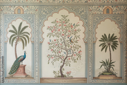 Mughalinspired wallpaper featuring a peacock, palm trees, and a flowering tree in arched panels