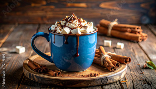 hot chocolate in a textured blue mug topped with whipped cream