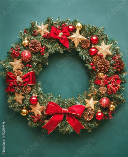 Bright and Festive Christmas Wreath Adorned With Red Bows and Golden Ornaments.